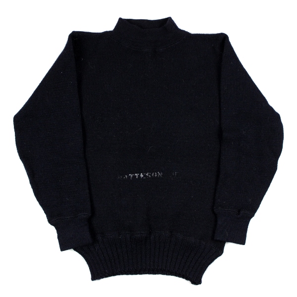 US Navy blue wool sweater & white personal items bag